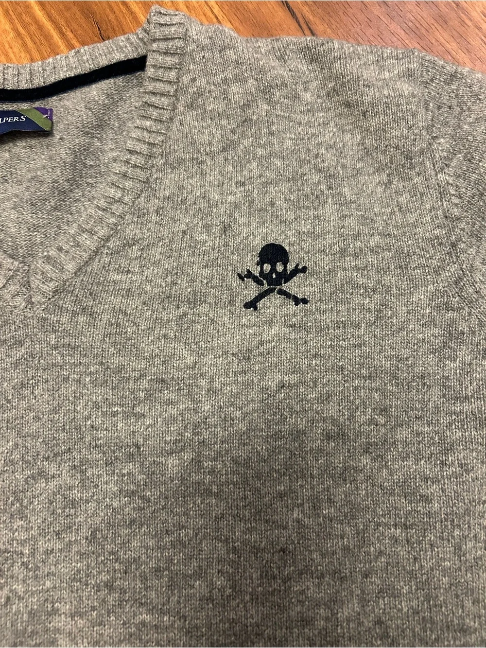 Scalpers Men’s Wool V Neck Grey Skull Logo With Patches On Arm XL